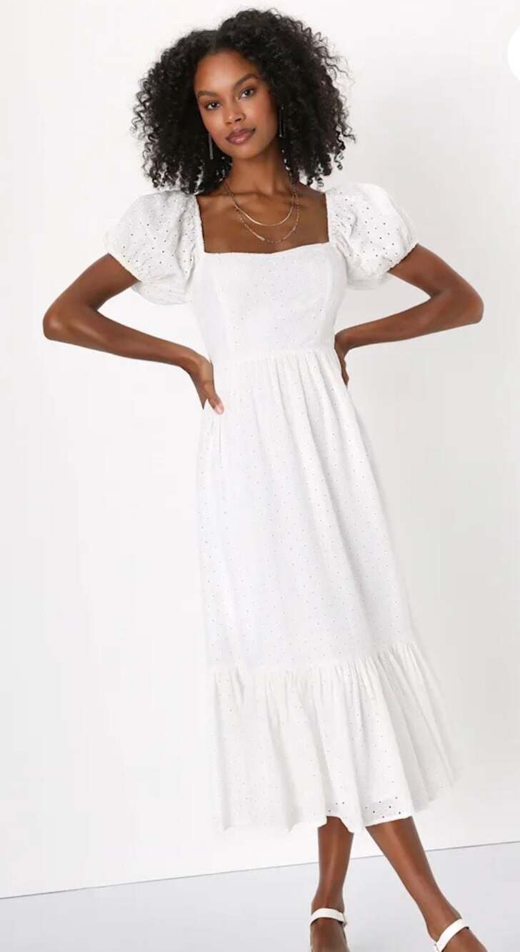 Lulus White Eyelet Puff Sleeve Midi Dress with Ruffle Hem
